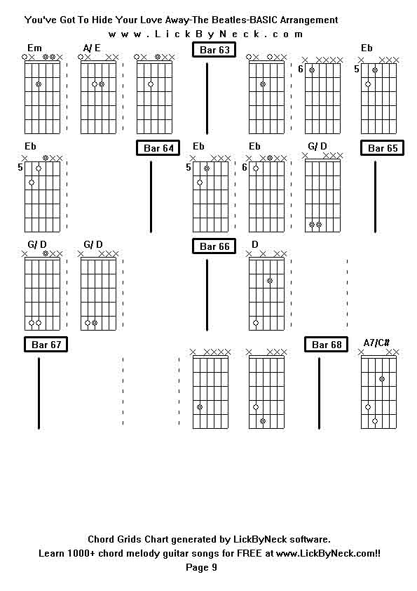 Chord Grids Chart of chord melody fingerstyle guitar song-You've Got To Hide Your Love Away-The Beatles-BASIC Arrangement,generated by LickByNeck software.